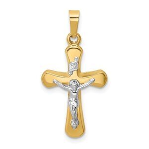 14k Two Tone Gold Hollow INRI Crucifix Rounded Cross Pendant, 13x26mm